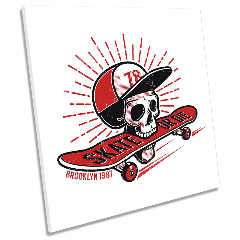 Z2715 Skate Or Die Skull Skater Picture - Wrapped Canvas Print, 91.4cm H x 91.4cm W x 4cm D