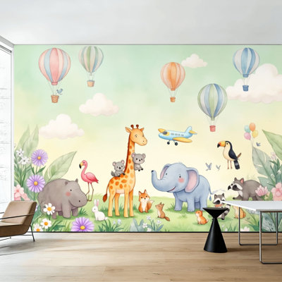 Animals Kids Peel and Stick Wallpaper Whimsical Animal Safari Scene Hot Air Balloons Floral Wall Murals 100"H x 144"W Removable PVC Wall Paper Self-Adhesive Wall Decor for Bedroom Living Room Nursery