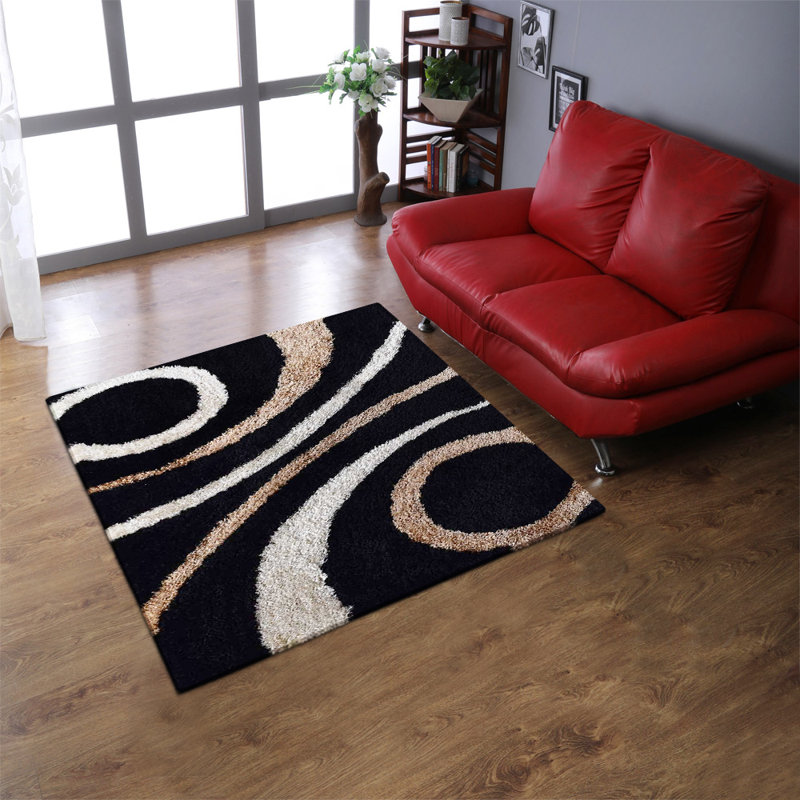 Heller Hand Tufted Shag Polyester Eco-Friendly Area Rugs - Rectangle, Black Color, Geometric Modern Design, High Pile Thick Handmade Anti Skid Area Rugs for Living Room, Bed Room