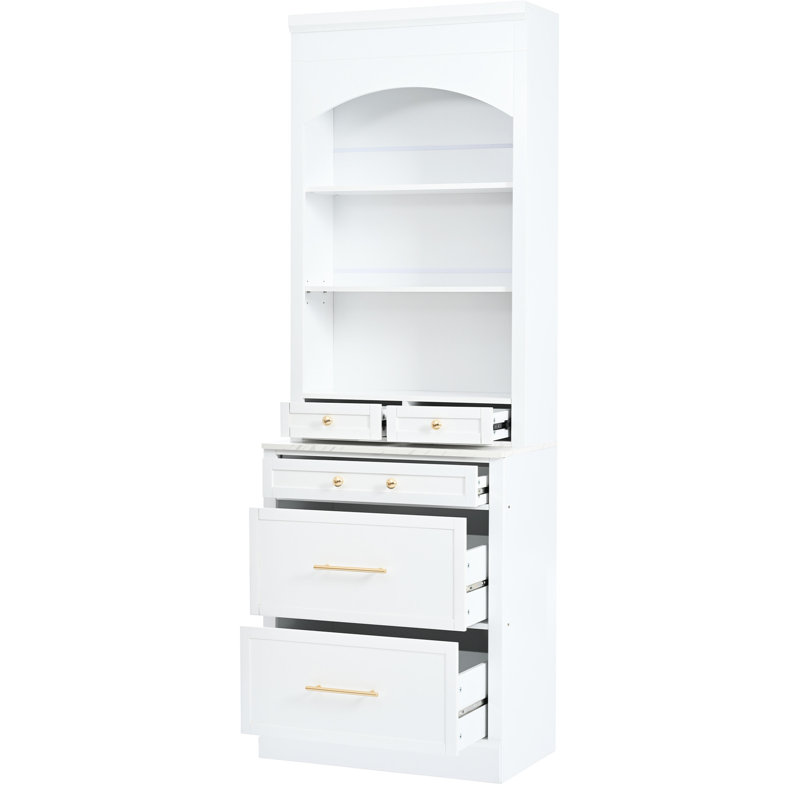Garde-manger moderne de 83,7 pouces de hauteur, grand bahut autoportant avec plateau en faux marbre, armoire avec 5 tiroirs de rangement et tablette réglable, ensemble de 2
