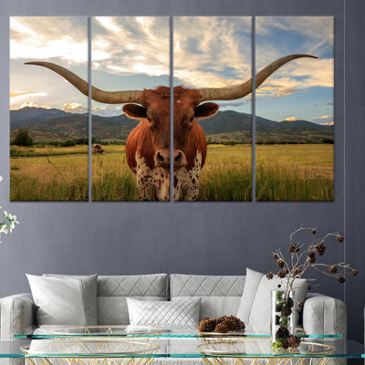Impression sur toile imprimée: Grande vache du Texas, décor de caverne d'homme, toile tendue 4P