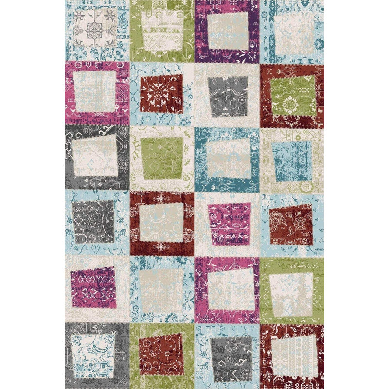 Tapis patchwork rouge / crème / vert, Rectangle 2 pi 7 po x 5 pi