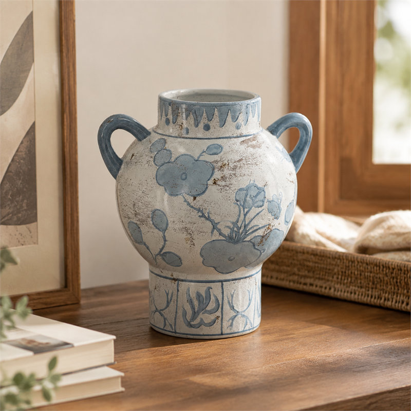 Blue and White Ceramic Vase with Abstract Floral Pattern