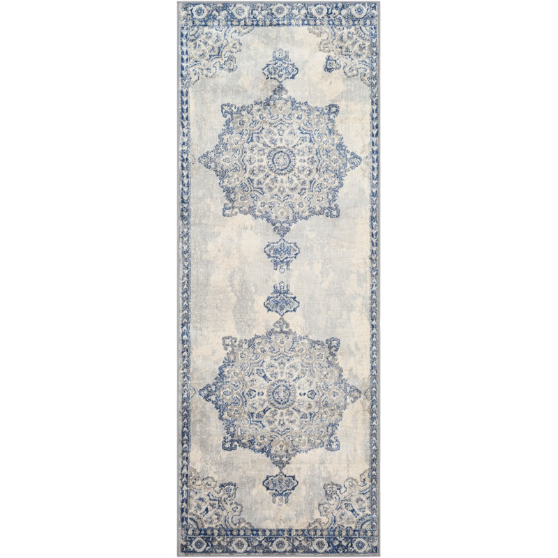 Hilyard Oriental Navy/Medium Gray/Cream/Silver Gray Area Rug, Runner 2'7" x 7'3"