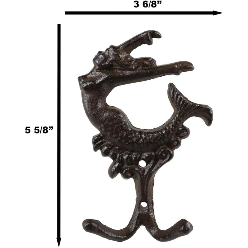 Distressed Brown Iron Mermaid Wall Hooks Set of 2