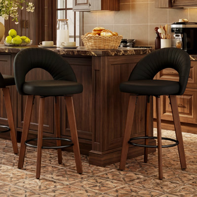 Mid-Century Swivel 26" Counter Stools, Faux Leather Upholstered Barstools with Cutout Back and Solid Wood Legs