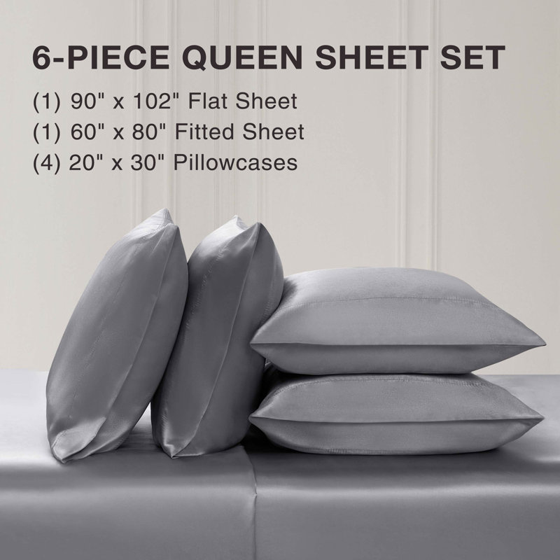 BCBG Satin Sheet Sets with Extra Pillowcases, Queen, Alloy Gray
