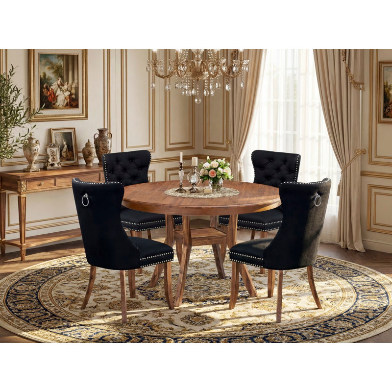 Ensemble de salle à manger 5 pièces en polyester 4 chaises de cuisine noires, dossier capitonné et table ronde au fini noyer antique.