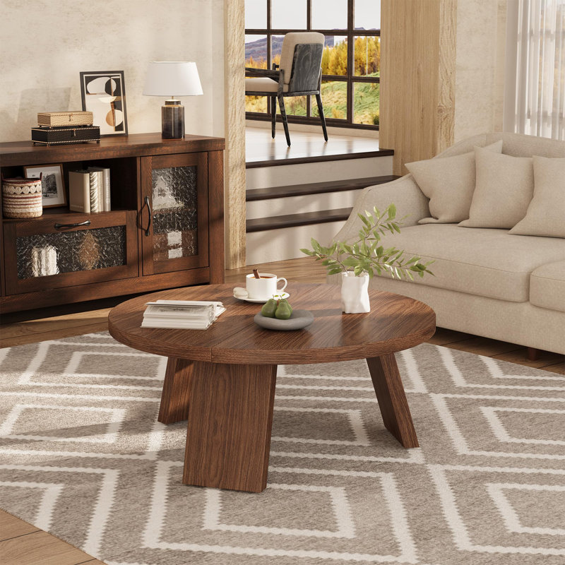 Moderner runder Couchtisch im Landhausstil aus Holz – Stabile Konstruktion mit 3 Beinen – Einfache Montage – 85 x 40 cm – Schwarze Prägung