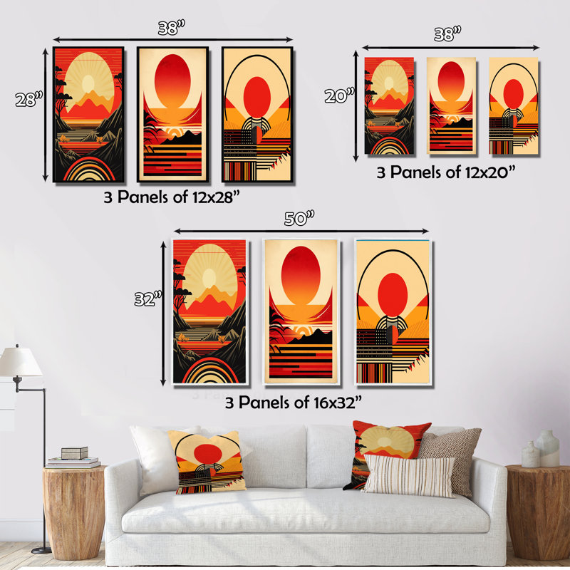 «Red Bold Sunset», 3 pièces sur toile, Toile tendue, H 20 po x l 36 po