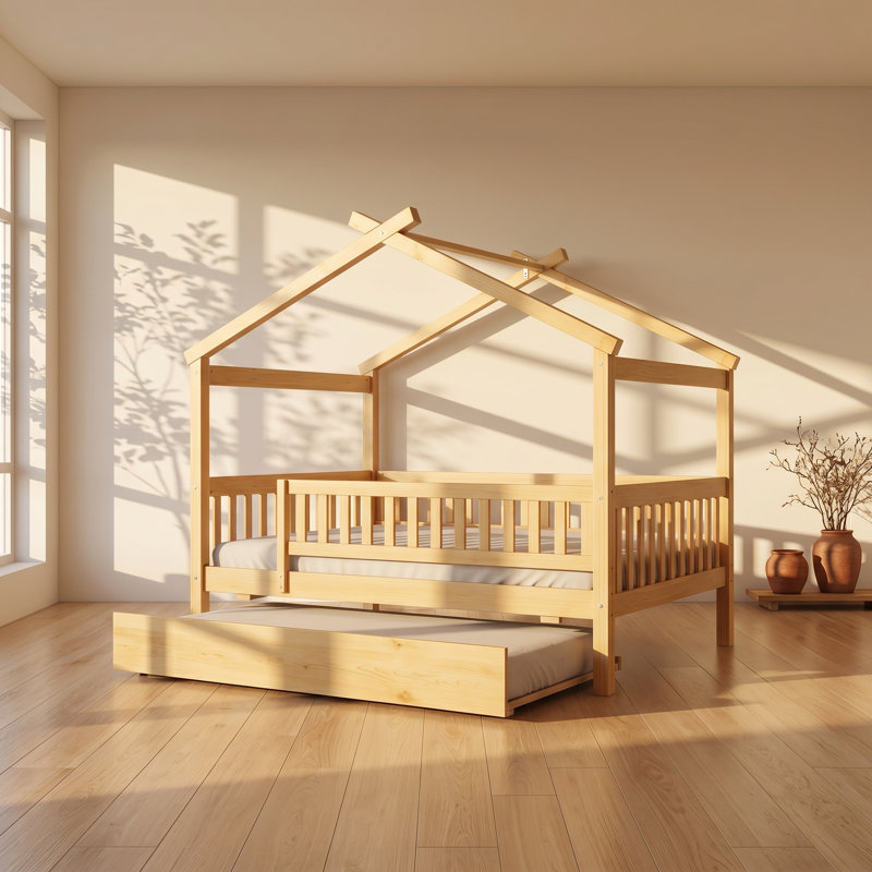 Lucky Furniture 81.5" W x 56.5" D x 65.4" H Solid Pinewood House Bed with Twin Trundle, Natural