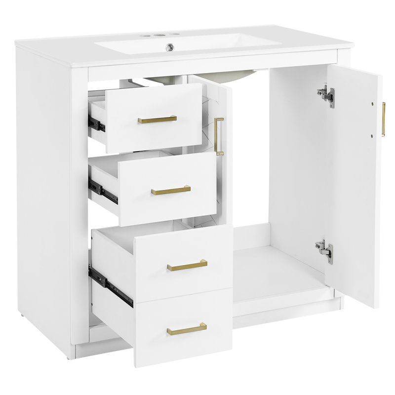 Meuble-lavabo de 36 po avec lavabo en céramique, structure en bois massif, portes, 3 tiroirs, grand espace de rangement, style rétro, poignée en métal exquis, conception moderne, glissière de tiroir lisse, facile à assembler, unique