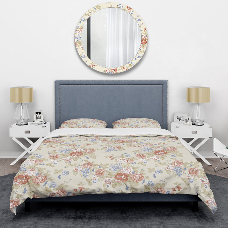 Feuilles et fleurs crème - Ensemble de housse de couette floral - Microfibre de polyester