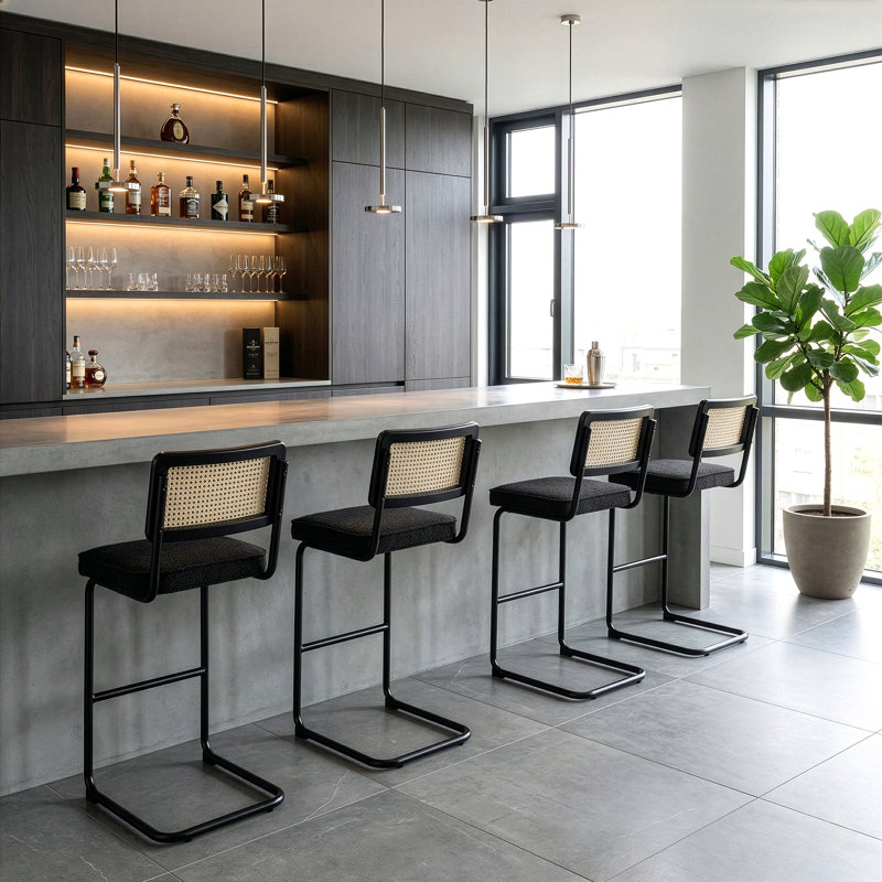 Avalyna Upholstered Counter Stool with Metal Frame, Black, Bar Stool (30” Seat Height), Black