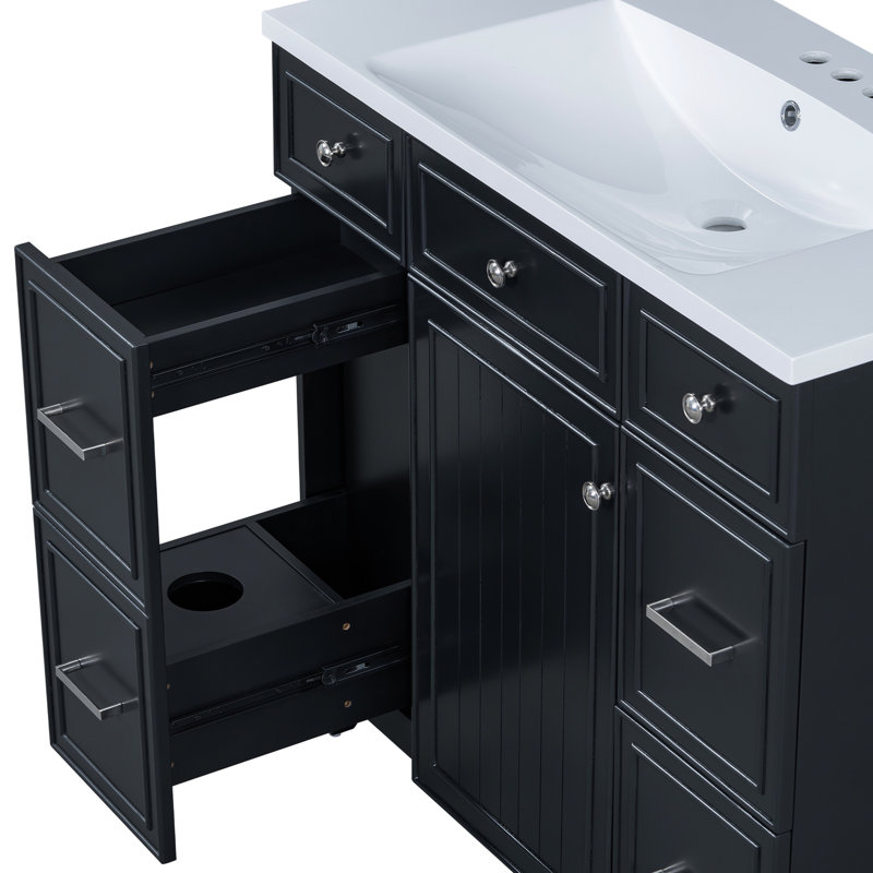 Meuble-lavabo noir de 36 po en bois massif avec espace de rangement élégant