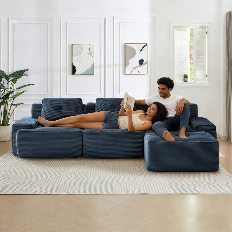 Tayani Boneless 124.00" U Shaped Couch, Modular Sectional Sofa, 3-Seater Comfy Cloud Couch with Movable Ottoman