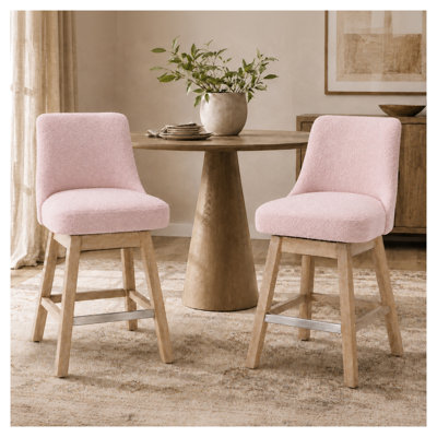 Set of 2 Swivel Bar Stools, 26" Counter Height with Backs, Boucle Fabric Upholstered Modern Mid-Century Stools with Solid Wood Legs for Kitchen Island, Pink