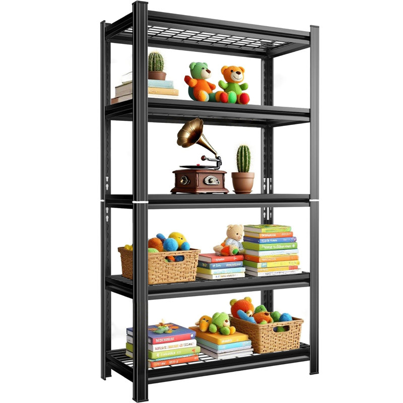 Support de rangement en métal à 5 couches avec hauteur réglable, capacité de 2000 livres pour les garages, les magasins et les pièces, noir, cuisines robustes à hauteur d'assemblage rapide, charge, installation facile