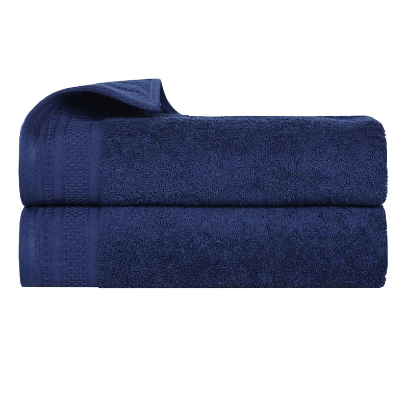Honeycomb Textured Waffle Border Cotton Medium Weight Bath Sheets, Navy Peony