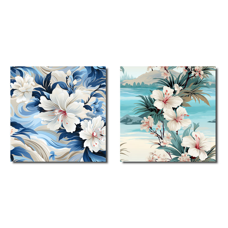 Ensemble de 2 motifs de bord de mer à motif tropical - collage carré floral, H 16 po x l 33 po, Toile tendue