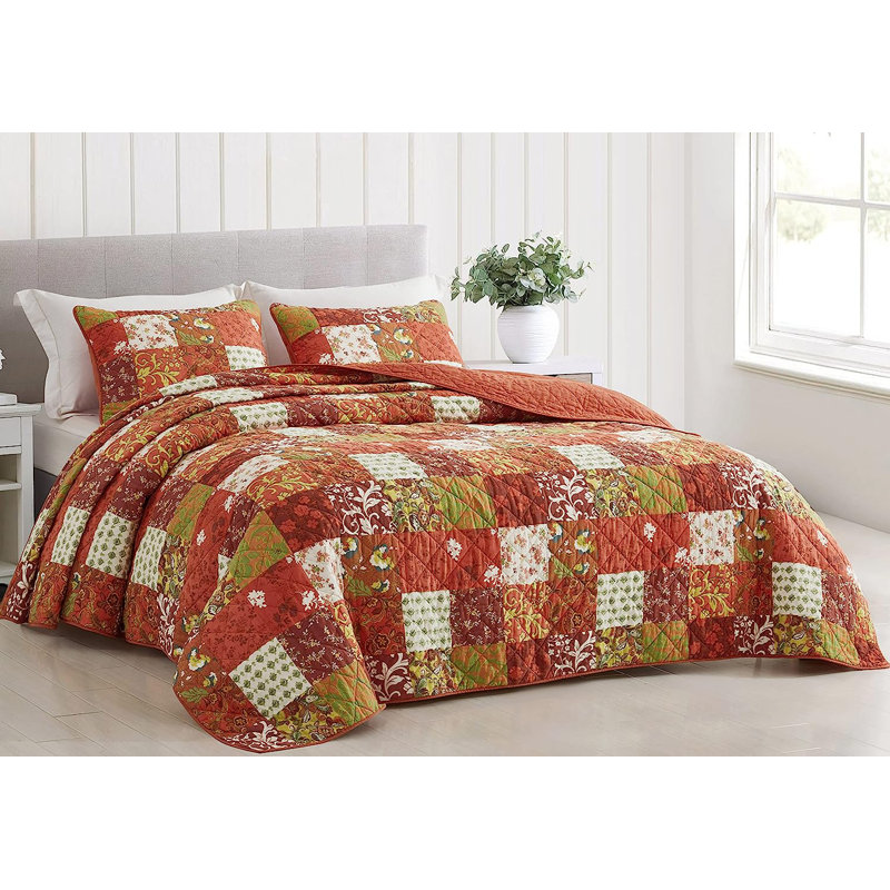 Boho Washed Cotton Floral Printed Patchwork Quilt Set, Twin Quilt + 1 Standard Sham, Orange/Green/White