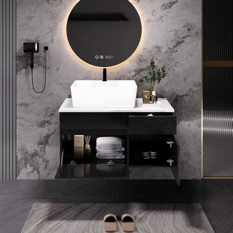 Meuble-lavabo flottant mural de 31,5 po, lavabo vasque en céramique, placage de film de polymère en pierre d'ingénierie, meuble-lavabo pour cosmétiques avec pierre, tiroir à fermeture en douceur et armoires à charnière silencieuse