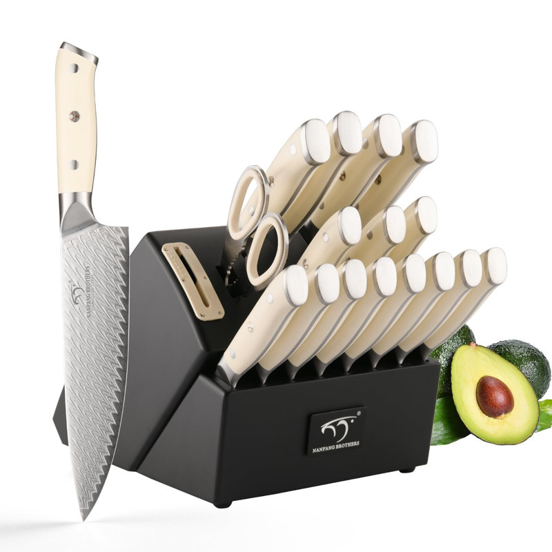 Ensemble de couteaux pour cuisine avec bloc, ensemble de couteaux de cuisine avec bloc Damas, poignée ergonomique en ABS pour ensemble de couteaux de chef et ciseau de cuisine (noir)
