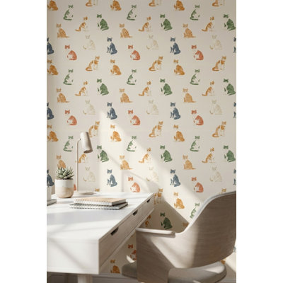 Papier peint décoratif chats, beige