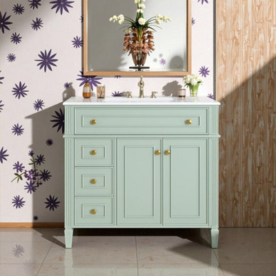 Meuble-lavabo 36 po avec lavabo en céramique et armoire en bois massif avec 3 tiroirs et 2 portes
