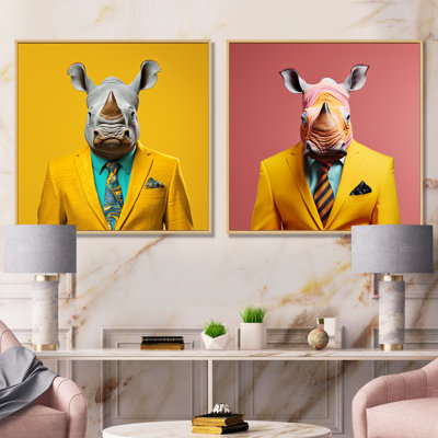 Ensemble de 2 reproductions d'art sur toile, "Rhino en jaune I"