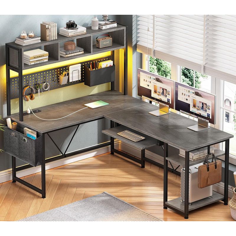 L Shaped Gaming Desk With Hutch, 57.5” Reversible Corner Computer Desk With Storage Shelves, Gaming Desk With Pegboard, Led Lights, Power Outlet, Keyboard Tray