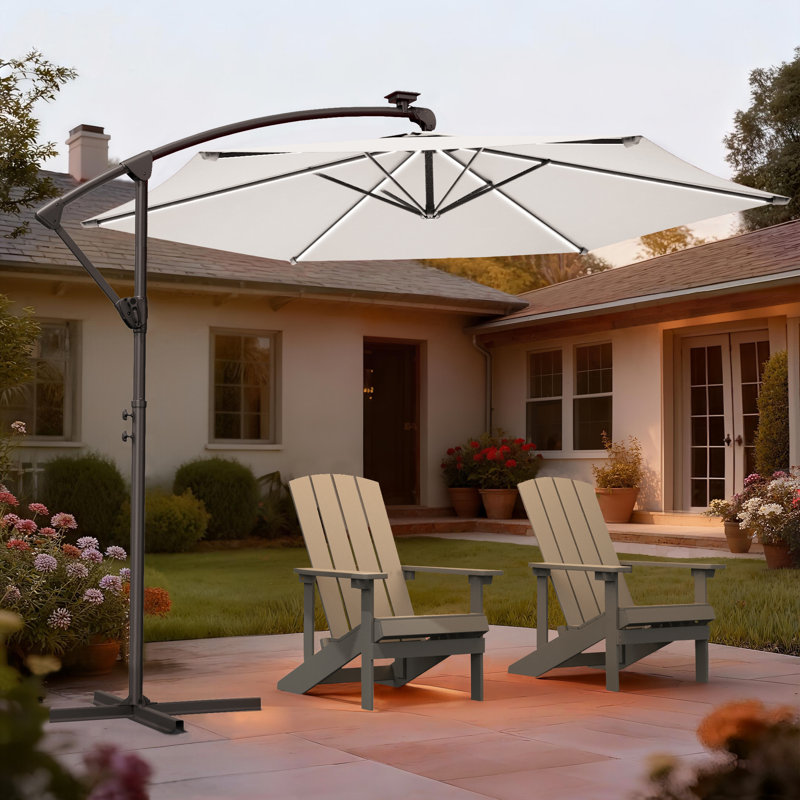 Parasol solaire à DEL de 3 m avec poignée pliable et base en croix, idéal pour terrasse, jardin et piscine, toutes saisons.