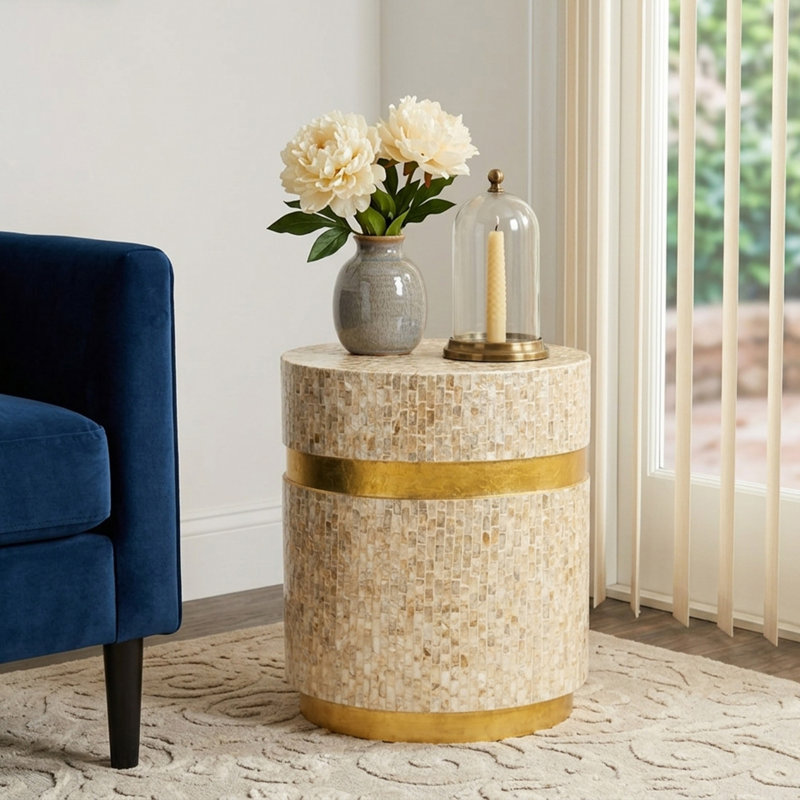 Mother Of Pearl Shell Side End Accent Table With Base, Gold Top/Gold Base