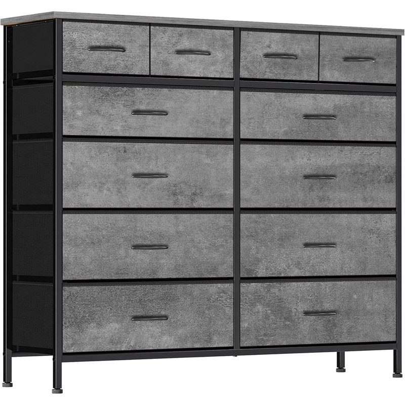 Gray Dresser For Bedroom With 12 Deep Drawers, Wide Chest Of Drawers, 55" Wood Top TV Stand, Tall Fabric Storage Cabinet For Closet, Nursery, Kid's Room