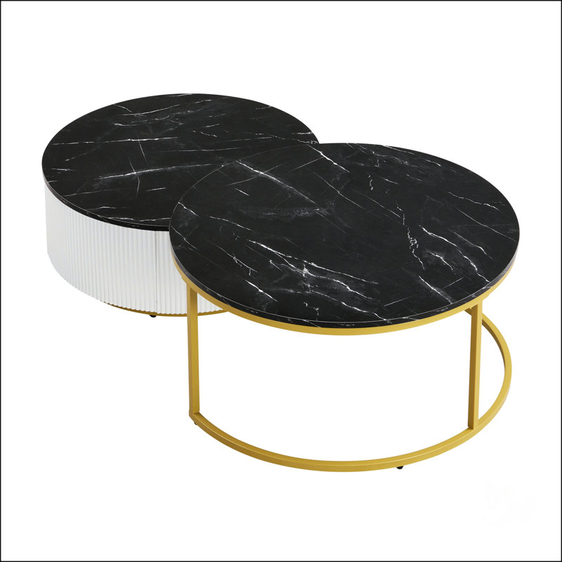 Table basse gigogne ronde moderne avec motif cannelé et tiroir, noir et or, 27,6 po