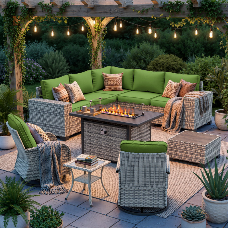 10-Piece Outdoor Patio Sectional Conversation Set With Fire Pit Table And Swivel Rocker Chairs, Lime Green