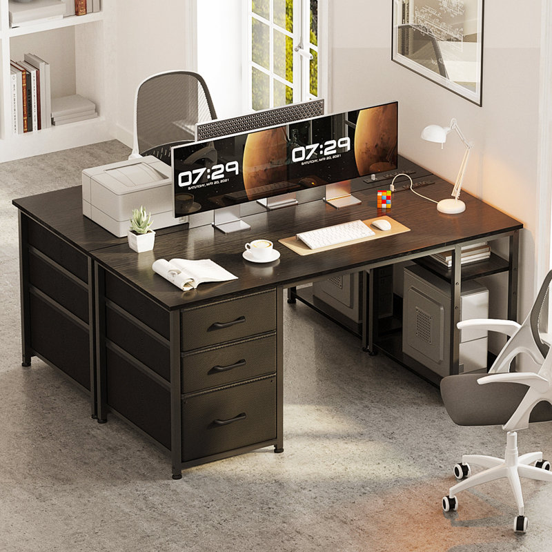 51"W Reversible Computer Desk With Recessed Outlets,Home Office Desk With 3 fabric Drawers, Writing Desk With Storage Shelves