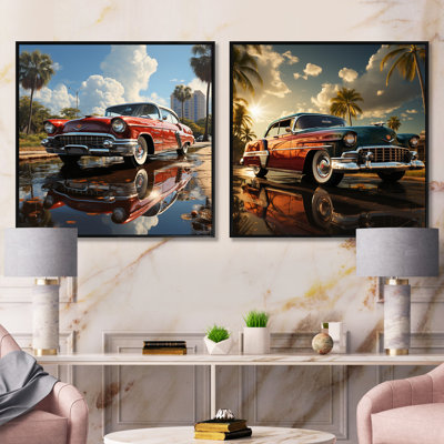 Classic Retro Vintage Red Car - Vintage Car Square Collage Set Of 2