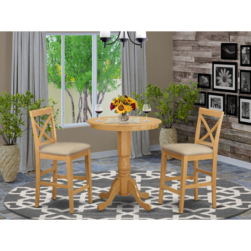 Ensemble de comptoir 3 pièces pour petits espaces comprenant une table de salle à manger ronde avec piédestal et 2 chaises en tissu de lin, chêne