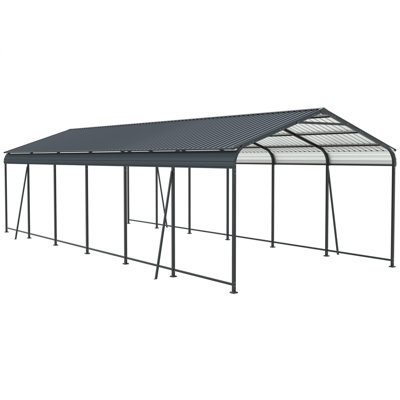 Abri d'auto 12 x 32 pi en métal robuste avec toit et cadre en acier galvanisé, conception à rayures verticales, abri extérieur
