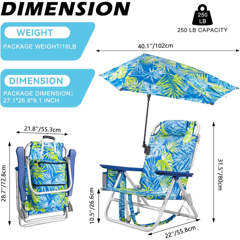 Beach Chair, Backpack Chairs For Adults With Adjustable Umbrella， Adjustable Lounge Chair For Seaside, Blue/Green Floral, 1