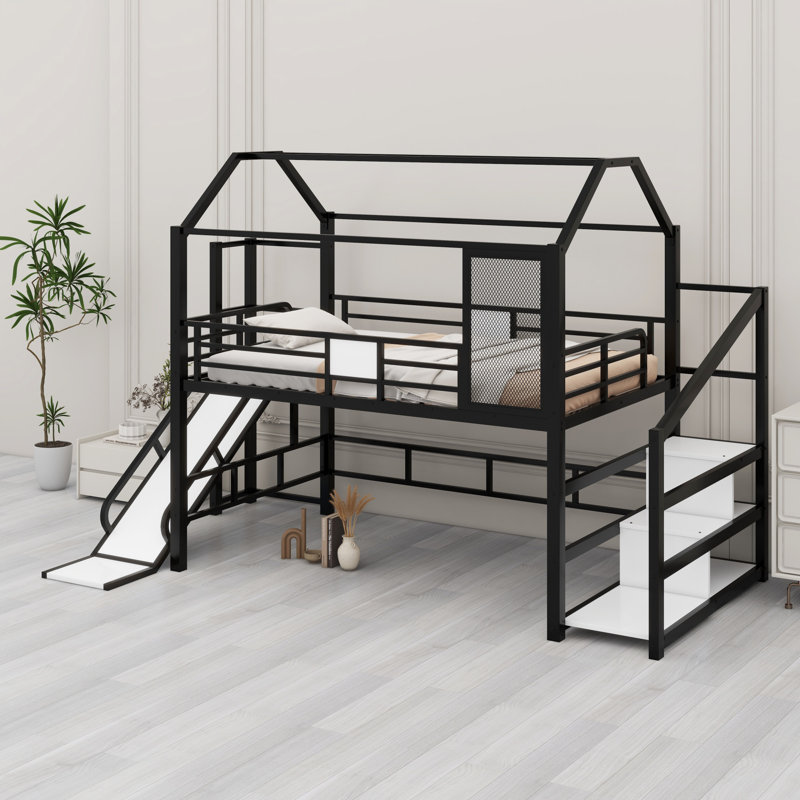 Lit mezzanine en métal avec glissières, escaliers et tablettes de rangement, Noir