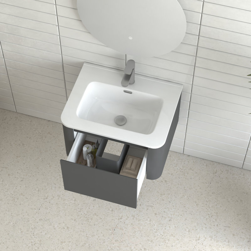 Armoire de salle de bain murale 24 po avec lavabo flottant à tiroir avec lavabo intégré en céramique blanche, 24"