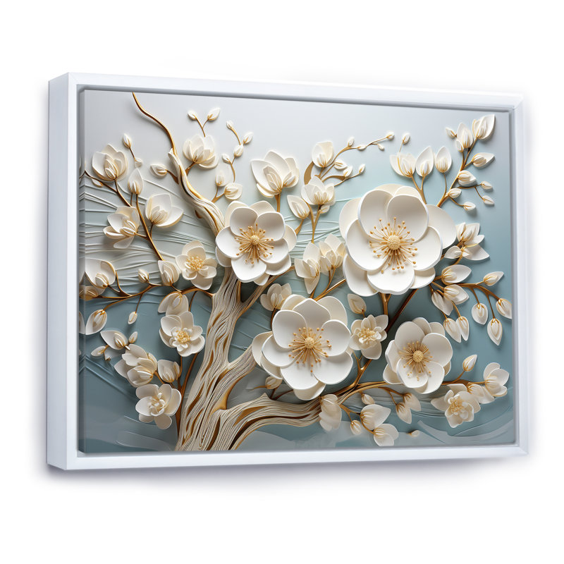 Orchidée blanche jardin de branches 9 - Art mural floral abstrait, Cadre flottant blanc, H 34 po x l 44 po x P 1,5 po