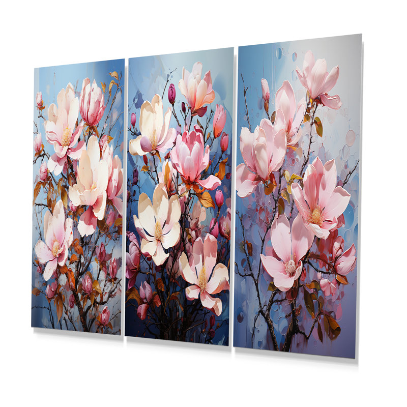 Serenade de magnolia bleu et rose - ensemble de 3 décorations murales en métal magnolias, H 28 po x l 36 po