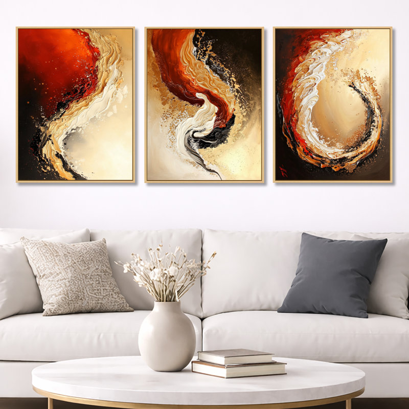 Vague rouge et dorée désertique - paysage abstrait encadré 3 panneaux muraux, Natural Wood Floater Framed, 32" H x 72" W