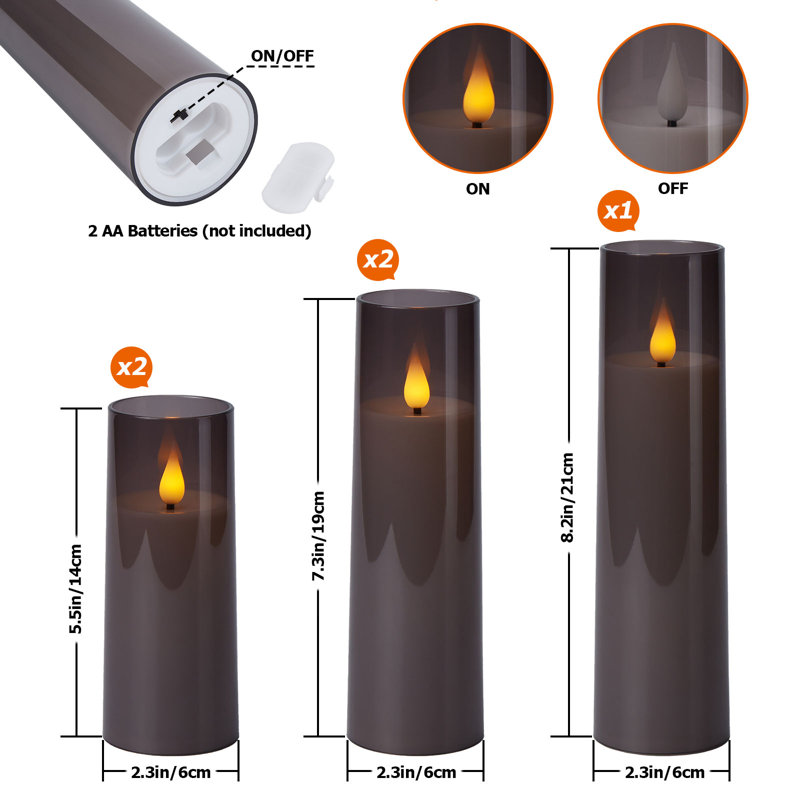 Unscented Flameless Pillar Candle with Acrylic Holder, Gray