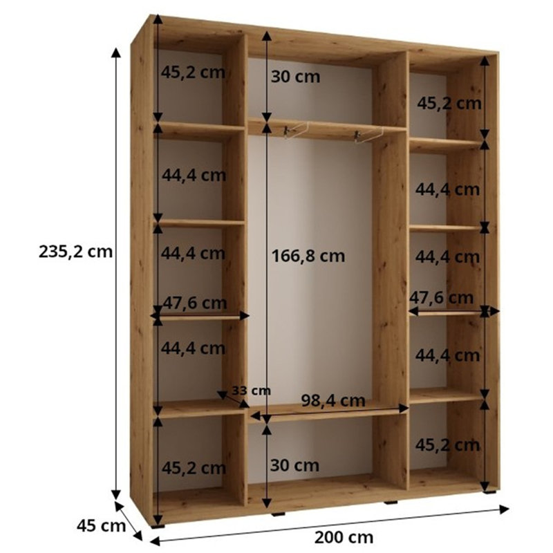 3 Door Manufactured Wood Wardrobe, 235.2cm H x 200cm W x 45cm D, Black/White