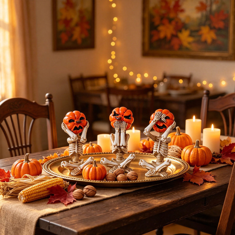 Ensemble de 3 pièces de citrouille en méditation en résine et tête de mort - Spooky Sitting Pose Halloween
