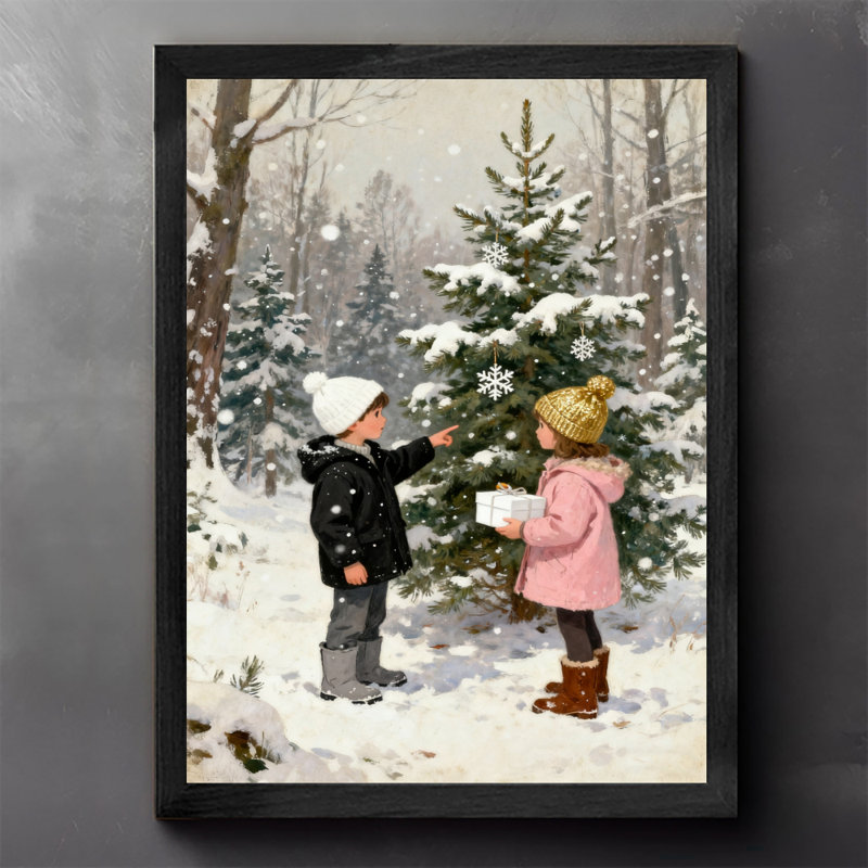 Garçon et fille encadrés noirs décorant un arbre de Noël dans une forêt enneigée avec art mural, H 17 po x l 13 po